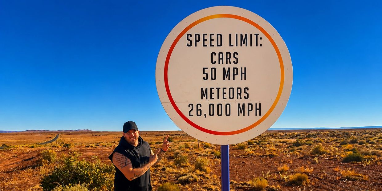 A man points at a humorous speed limit sign comparing cars and meteors.