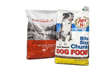 Three bags of dog food with different brands and designs.