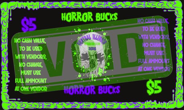 A colorful $5 horror-themed voucher with skull design.