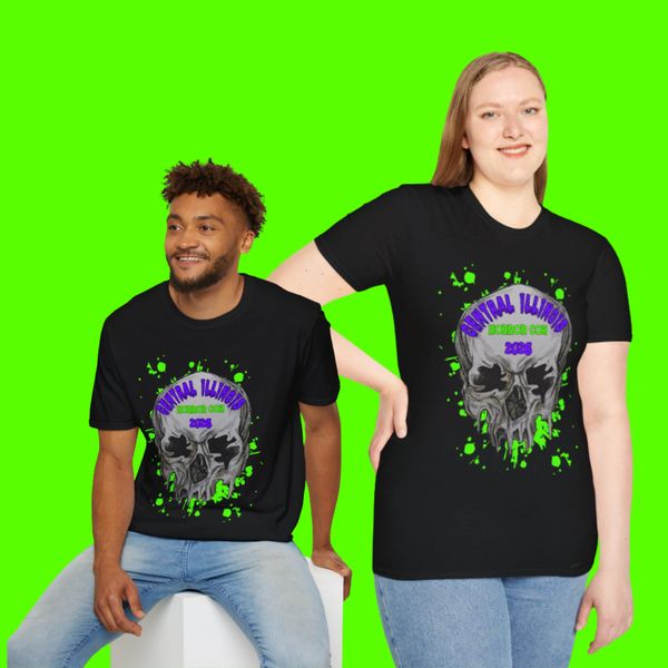 Two people wearing black graphic skull T-shirts.
