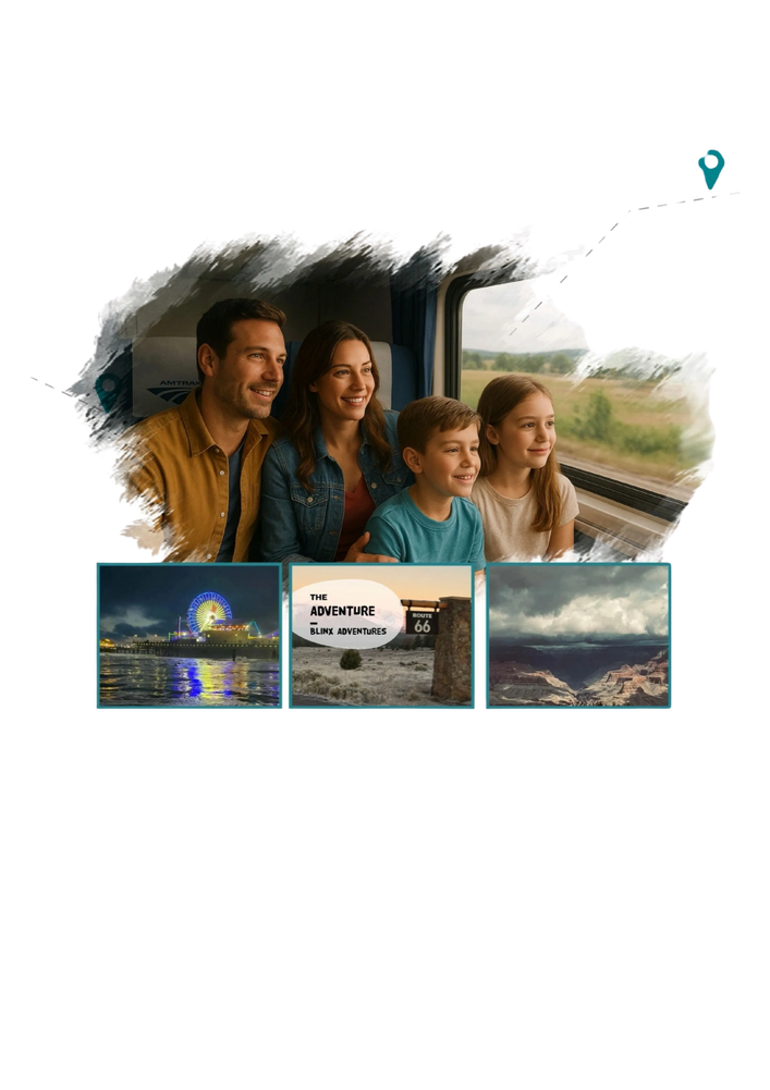 Happy family enjoying a scenic train journey with iconic destinations like Route 66 and the Grand Canyon.