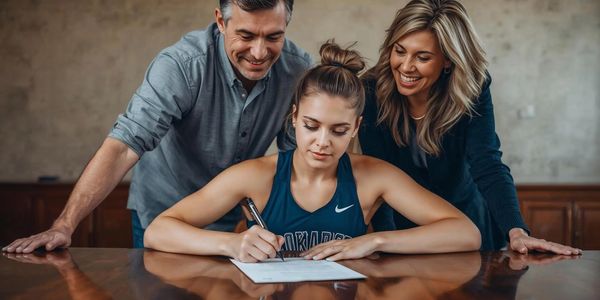 Young athlete signing a document with proud parents beside her.