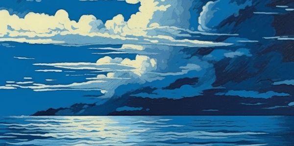 an blue-tone illustration of an ocean with stormy clouds