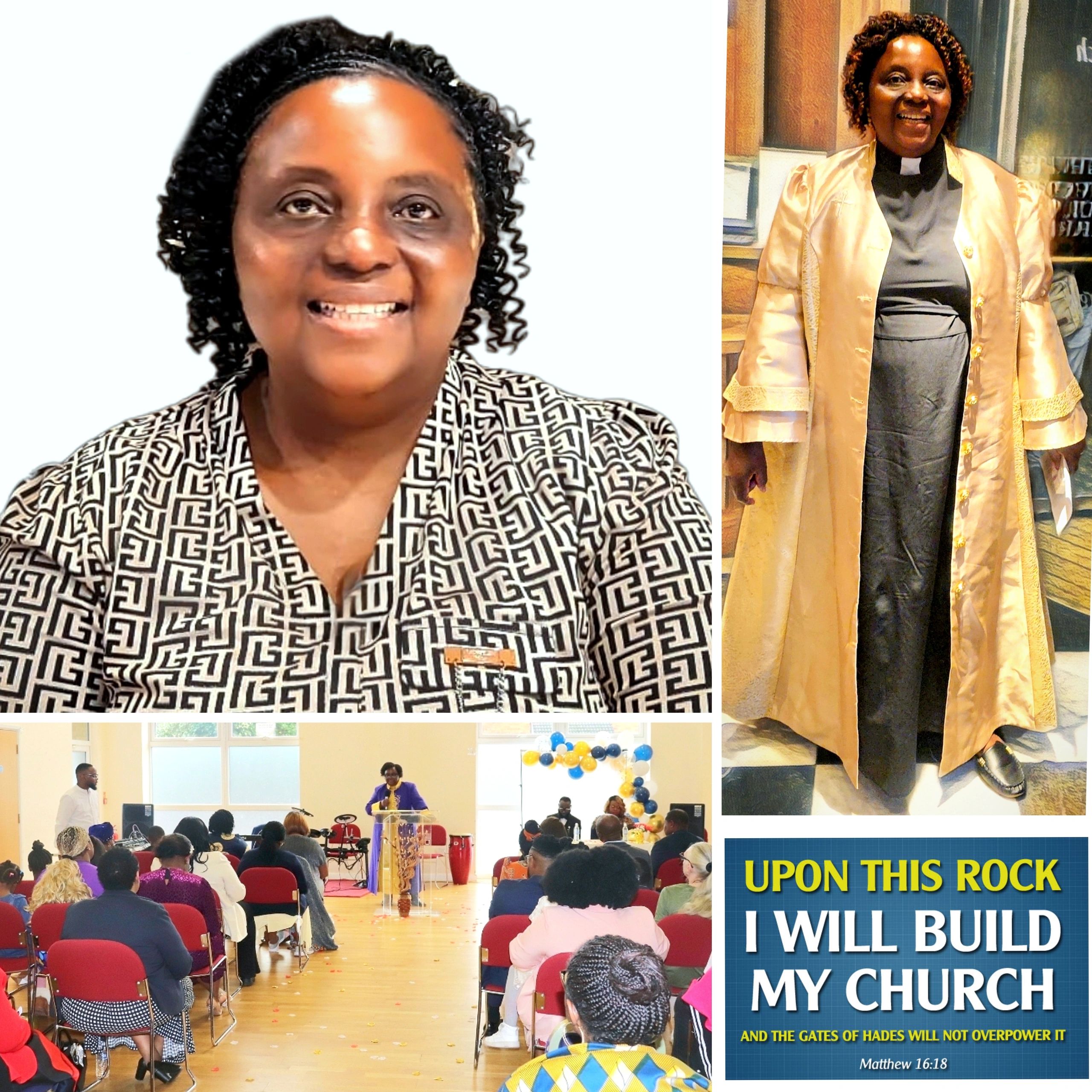 Church leader smiles and speaks to congregation.