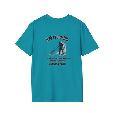 Teal T-shirt with H2O Profusion pressure washing logo and contact info.