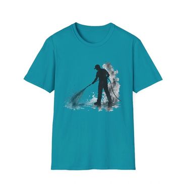 Teal t-shirt featuring a silhouette of a worker cleaning with a hose.