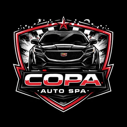 Sleek black car logo with red and white accents for Copa Auto Spa.