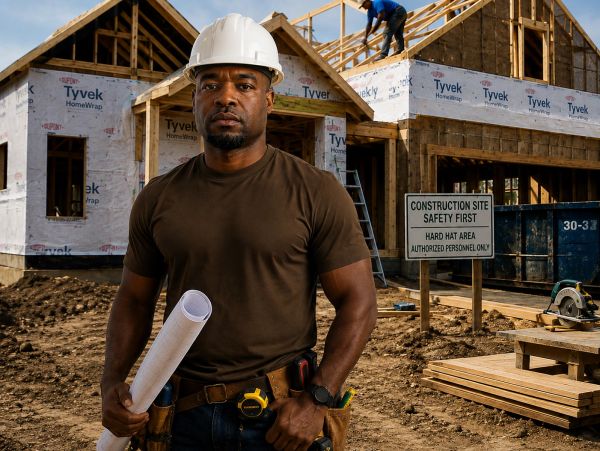 Construction worker standing at site with house frame.
