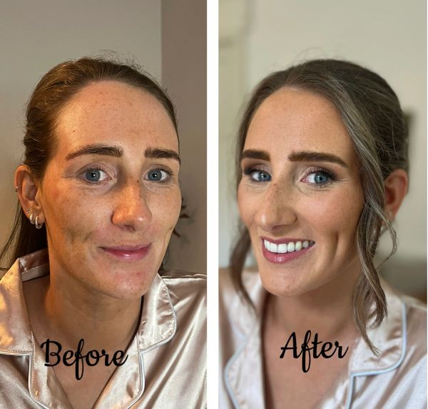 Before and after makeup transformation highlighting smoother skin and enhanced features.