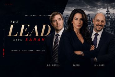 Promotional image for the TV show 'The Lead with Sarah' featuring three main characters.
