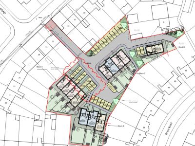 Architectural site plan showing layout of residential blocks and surrounding streets.