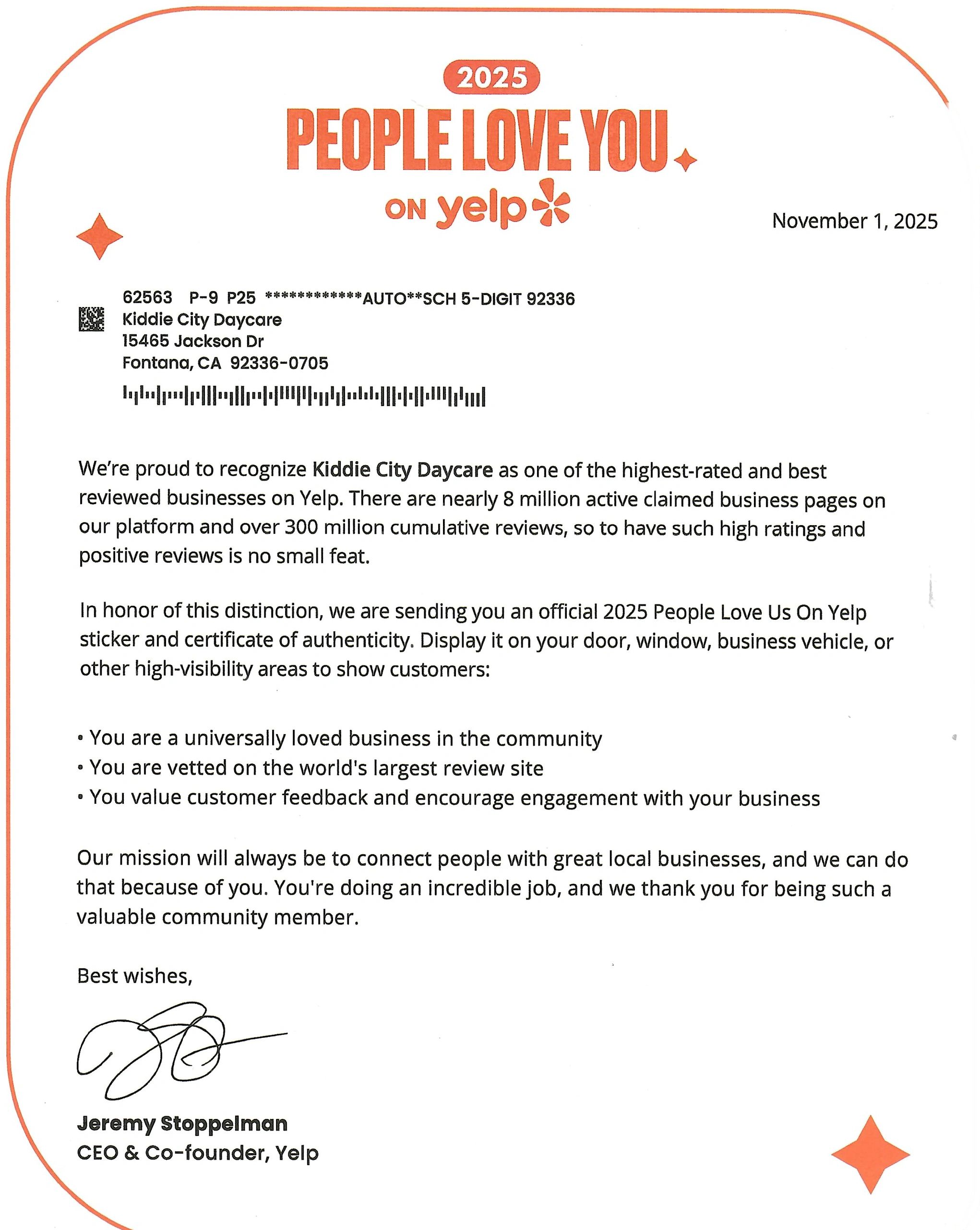 Letter from Yelp