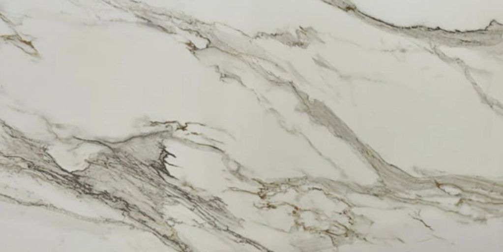Calacatta Caldo Quartz slab – Polished Finish Dimensions: 64" x 128" x 3cm
Max Yield: 56.88 sq ft