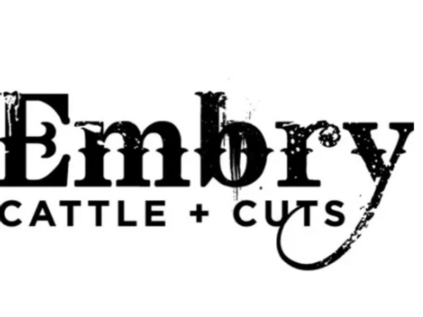 Logo of Embry Cattle + Cuts in a distressed black font on white background.