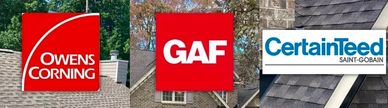 Logos of Owens Corning, GAF, and CertainTeed roofing companies.