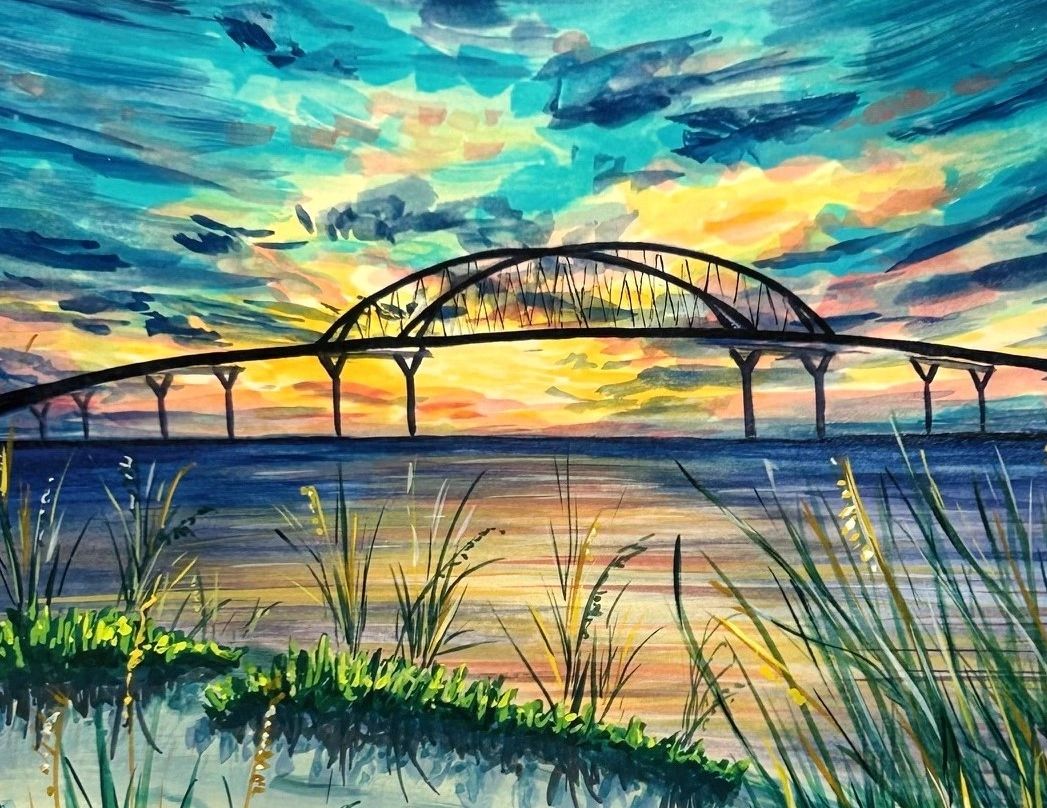 A gorgeous painting of a bridge over water at sunset.