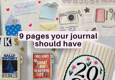 A creative journal spread with notes, books, and a 2023 cover page.