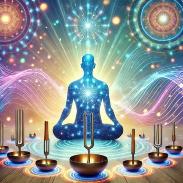 A person being treated to Reiki and sound frequencies to promote healing and relaxation.