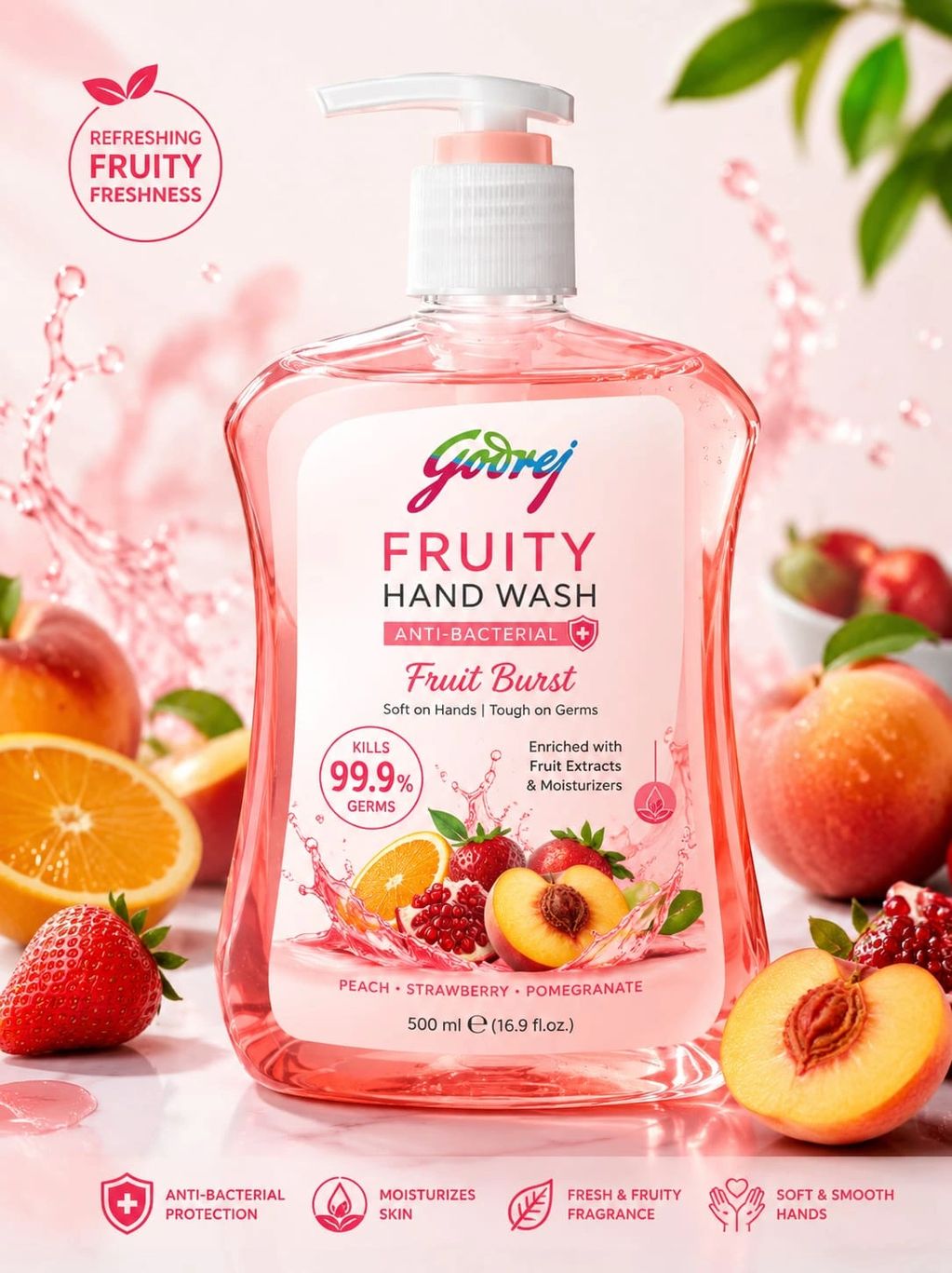Godrej Fruity Hand Wash with anti-bacterial formula and fruit extracts.