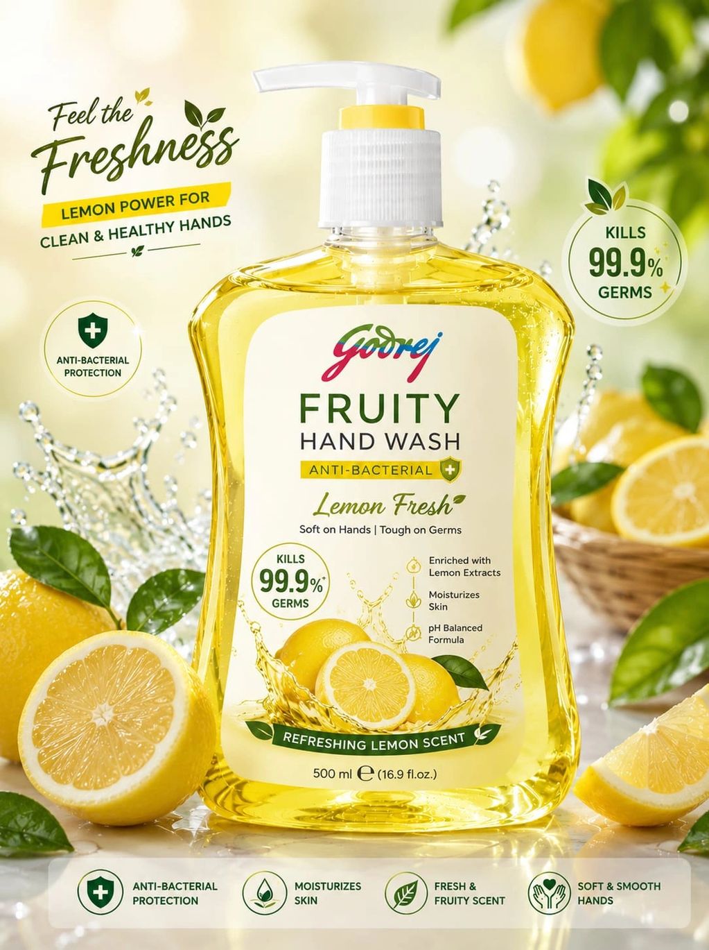 Godrej Fruity Hand Wash with lemon scent kills 99.9% germs.