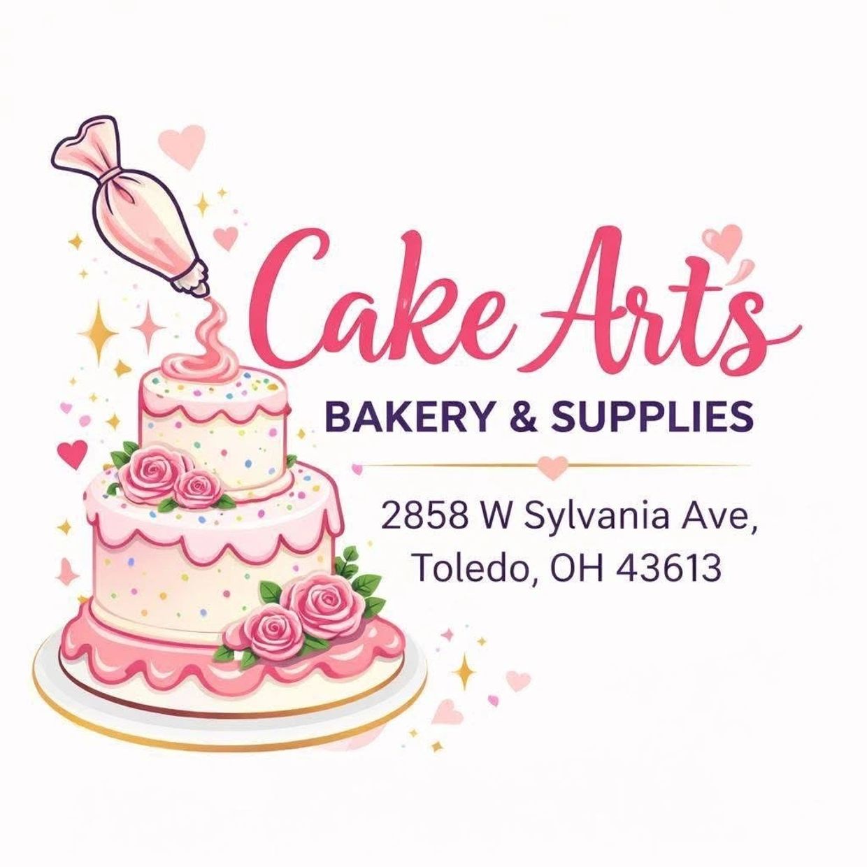 Cake Arts Bakery &amp; Supplies logo with pink cake and address.