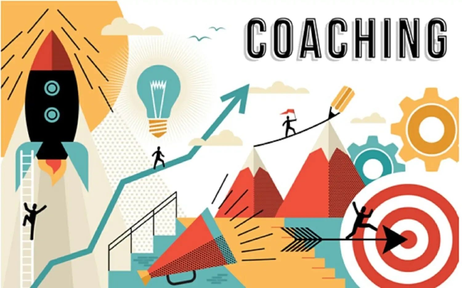 Varias personas alcanzando su meta de diferentes formas con la guía de un coach. 