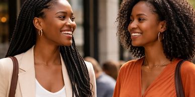 Two women smiling and talking outdoors in a casual setting.