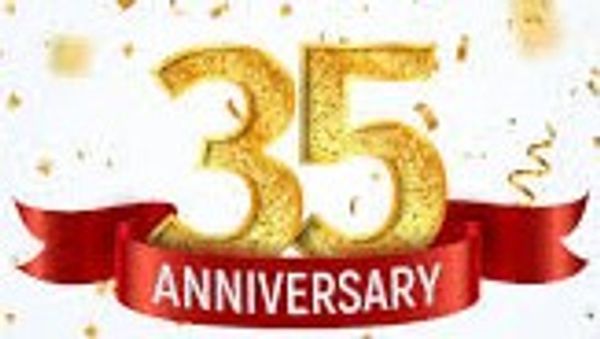 Golden 35th anniversary with red ribbon and confetti.