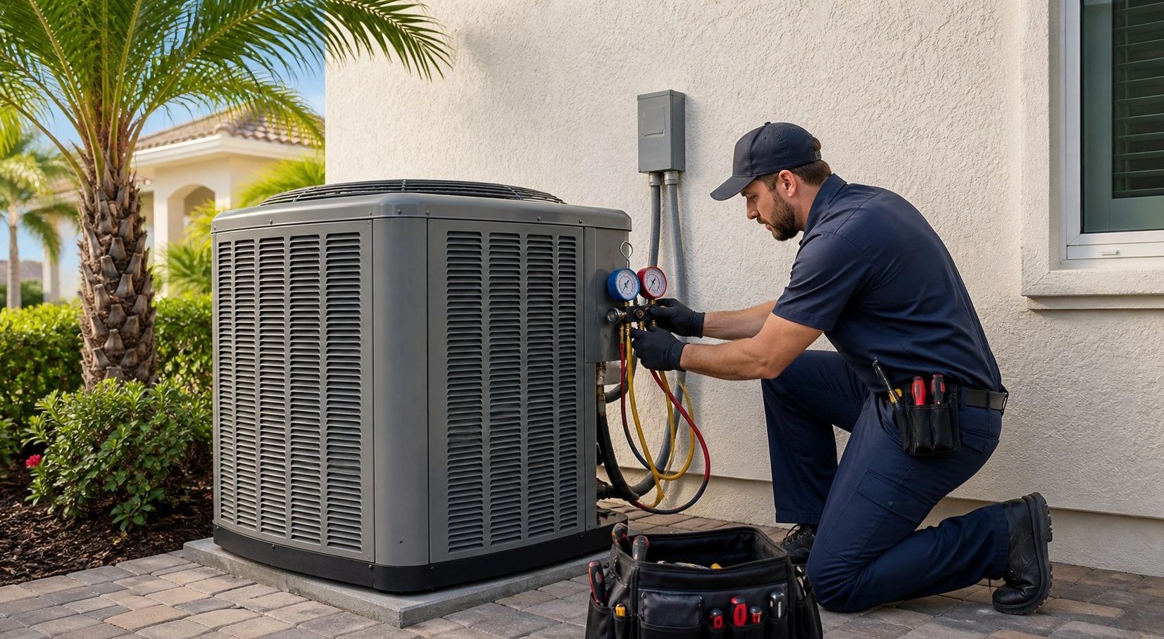 HVAC technician servicing an outdoor air conditioning unit at a Southwest Florida home