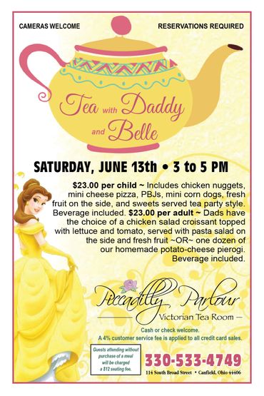 Invitation for Tea with Daddy and Belle event on June 13th, 3-5 PM.