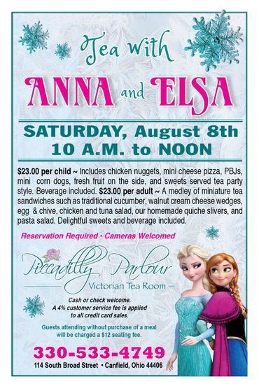 Flyer for Tea with Anna and Elsa event on August 8th, 10 AM to noon, in Canfield, Ohio.