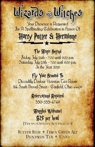 Invitation for a Harry Potter-themed celebration in 2026 with food and drinks.