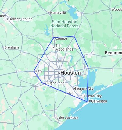 Map showing Houston and surrounding cities with a highlighted pentagon area.