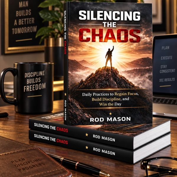Book titled 'Silencing the Chaos' by Rod Mason on a desk with motivational items.
