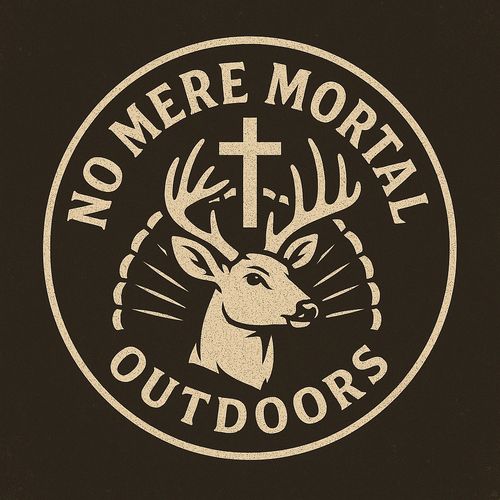 Logo featuring a deer head, cross, and the text 'No Mere Mortal Outdoors'.
