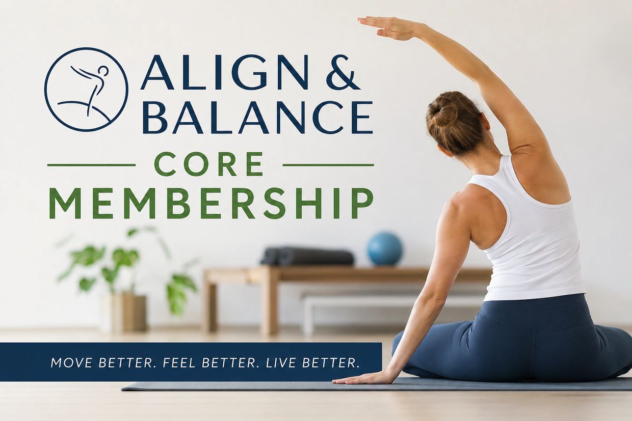 Woman practicing yoga with Align &amp; Balance Core Membership text.