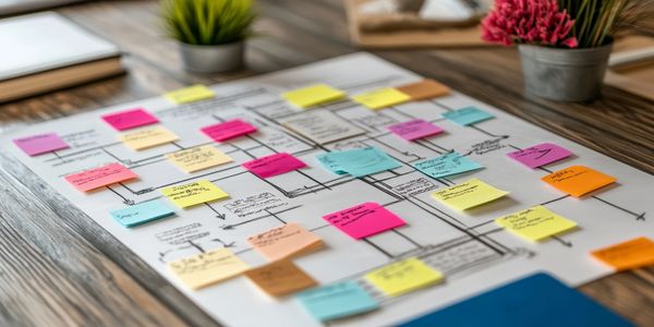 A detailed workflow diagram covered with colorful sticky notes on a wooden table.