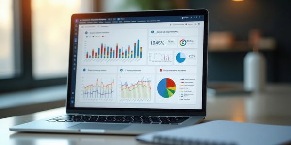 Laptop displaying various colorful data charts and graphs in a workspace.