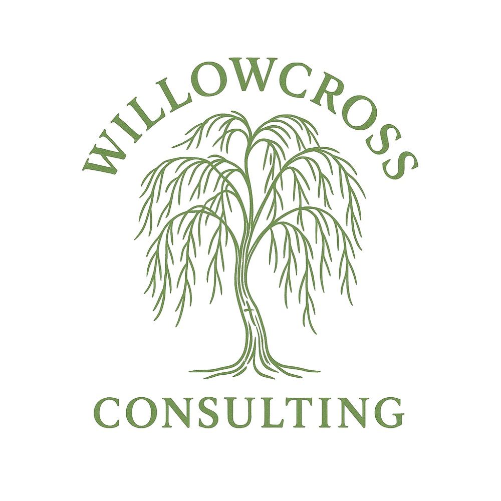 Logo of Willowcross Consulting with a green willow tree illustration.