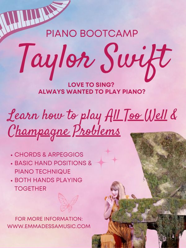 Taylor Swift piano bootcamp poster with a moss-covered piano.