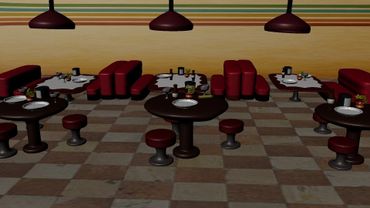 Empty retro diner with round tables and red stools.