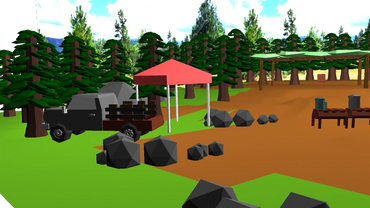 A low-poly camping scene with tents, trees, and a vehicle in a forest clearing.