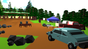 Low-poly campsite with cars, tents, and picnic tables in a forest clearing.