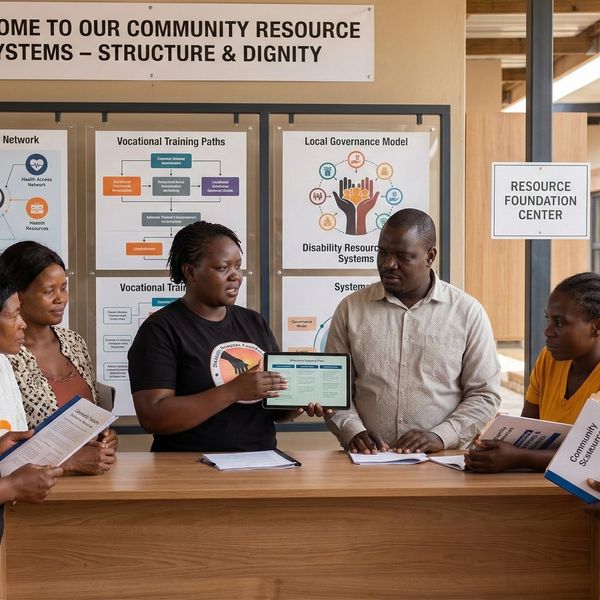Community members gather at a resource center for training and information sharing.