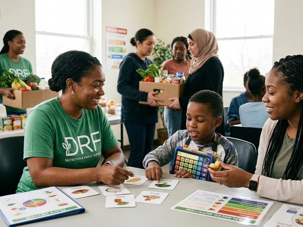 Volunteers and a family engage in nutrition education at a food pantry.