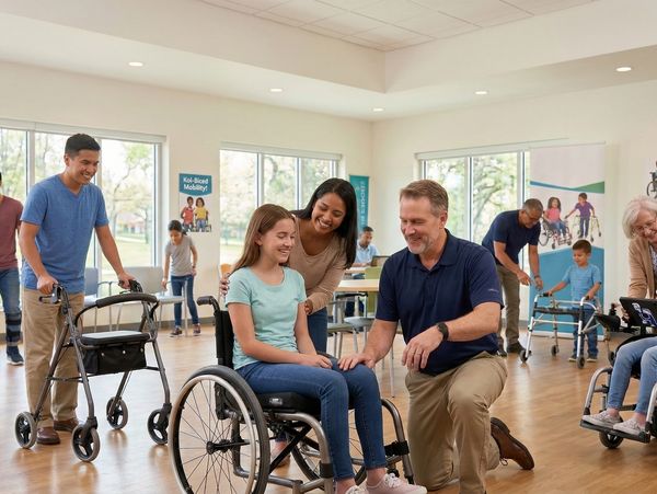 Children and adults with mobility aids in a bright rehabilitation center.