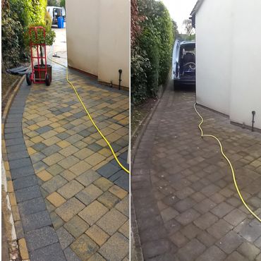 Block paving showing before and after cleaning with pressure washer.