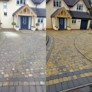 Block paving drive way showing before and after cleaning.
