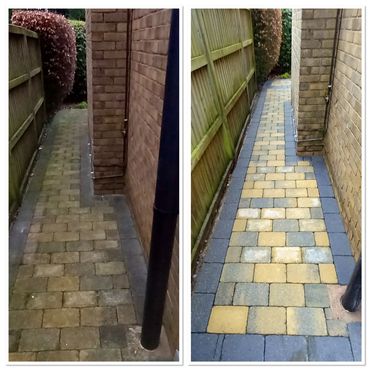 Tegula block paving path before and after cleaning.