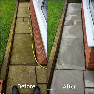 Yorkshire stone pathway, showing before and after pressure washing.